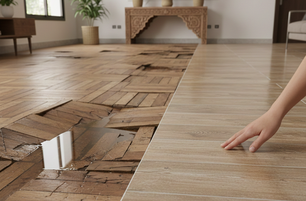 مقارنة بصرية بين أرضية باركي خشبية تالفة ومنتفخة بسبب الرطوبة وبين أرضية سيراميك كريس حديثة بمظهر الخشب في صالون مغربي.