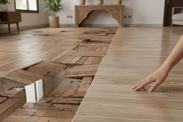 مقارنة بصرية بين أرضية باركي خشبية تالفة ومنتفخة بسبب الرطوبة وبين أرضية سيراميك كريس حديثة بمظهر الخشب في صالون مغربي.