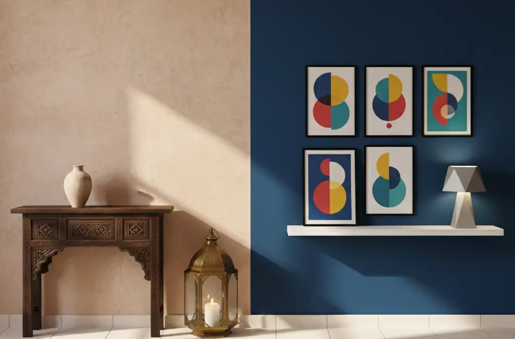 قارنة بصرية بين جدار من التادلاكت المغربي الأصيل بلون ترابي وأثاث خشبي قديم، وجدار مصبوغ بصباغة عصرية زرقاء مع لوحات فنية حديثة