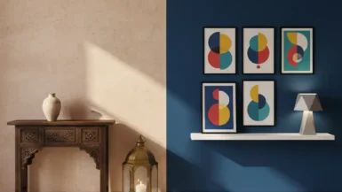 قارنة بصرية بين جدار من التادلاكت المغربي الأصيل بلون ترابي وأثاث خشبي قديم، وجدار مصبوغ بصباغة عصرية زرقاء مع لوحات فنية حديثة