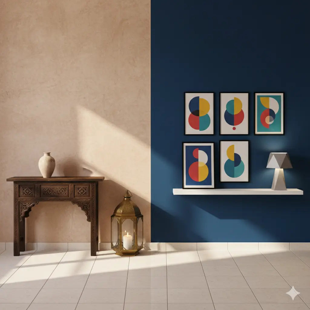 قارنة بصرية بين جدار من التادلاكت المغربي الأصيل بلون ترابي وأثاث خشبي قديم، وجدار مصبوغ بصباغة عصرية زرقاء مع لوحات فنية حديثة