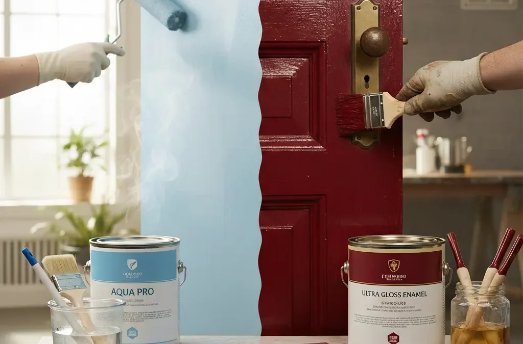 مقارنة بصرية توضح الفرق بين الصباغة المائية على الجدران والصباغة الزيتية اللامعة على الأبواب الخشبية مع أدوات الطلاء الخاصة بكل نوع