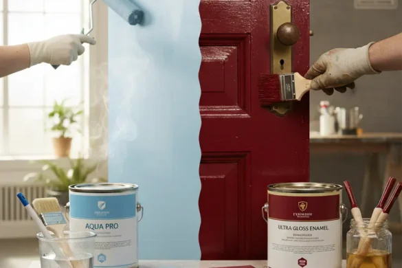 مقارنة بصرية توضح الفرق بين الصباغة المائية على الجدران والصباغة الزيتية اللامعة على الأبواب الخشبية مع أدوات الطلاء الخاصة بكل نوع