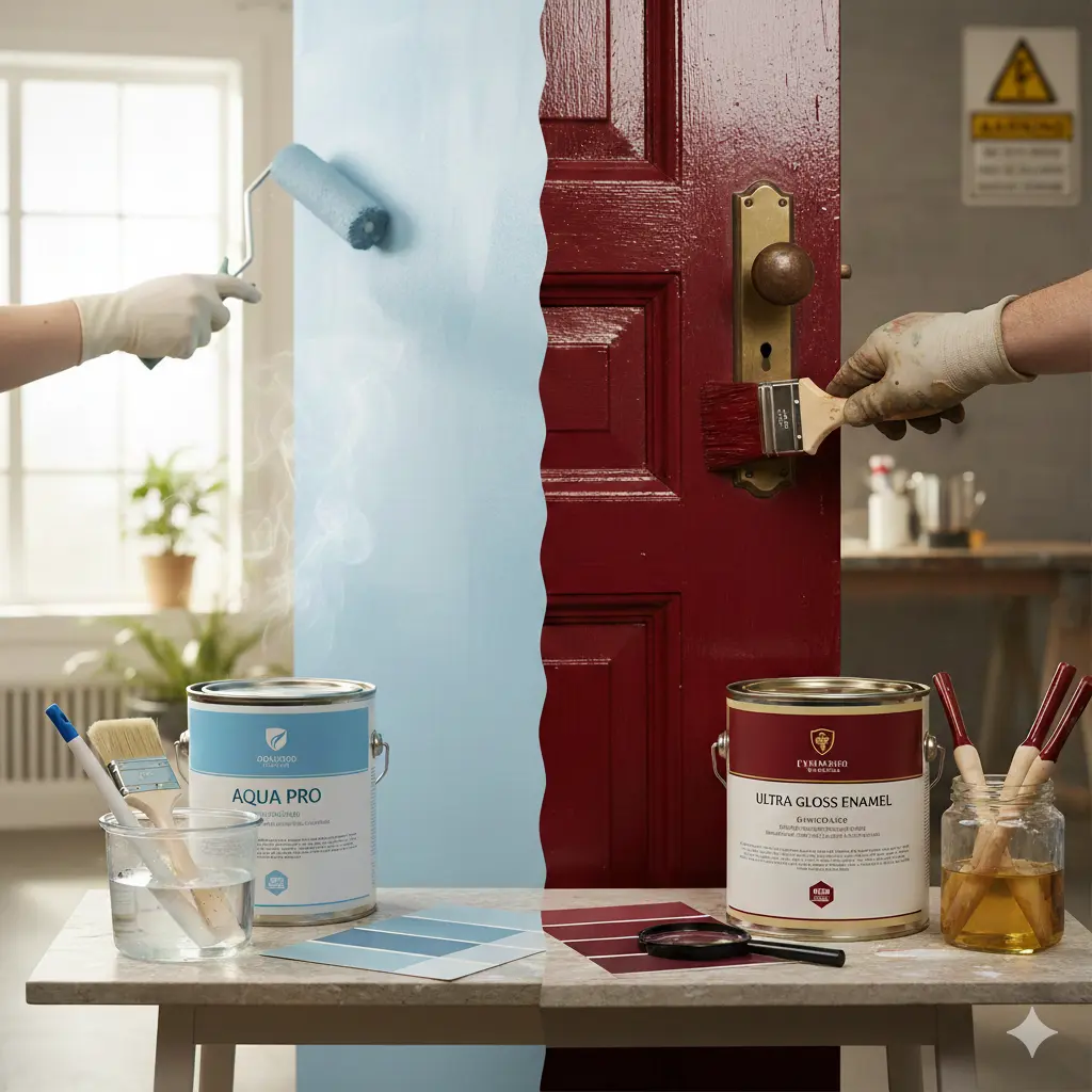 مقارنة بصرية توضح الفرق بين الصباغة المائية على الجدران والصباغة الزيتية اللامعة على الأبواب الخشبية مع أدوات الطلاء الخاصة بكل نوع