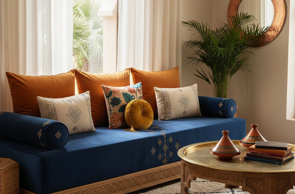 صالون مغربي عصري يبرز فن تنسيق ألوان المخدات البرتقالية والمطرزة مع طلامط باللون الأزرق الملكي، يوضح تناغم الألوان والديكور الداخلي الفخم.