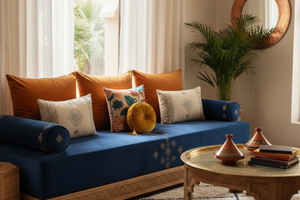صالون مغربي عصري يبرز فن تنسيق ألوان المخدات البرتقالية والمطرزة مع طلامط باللون الأزرق الملكي، يوضح تناغم الألوان والديكور الداخلي الفخم.