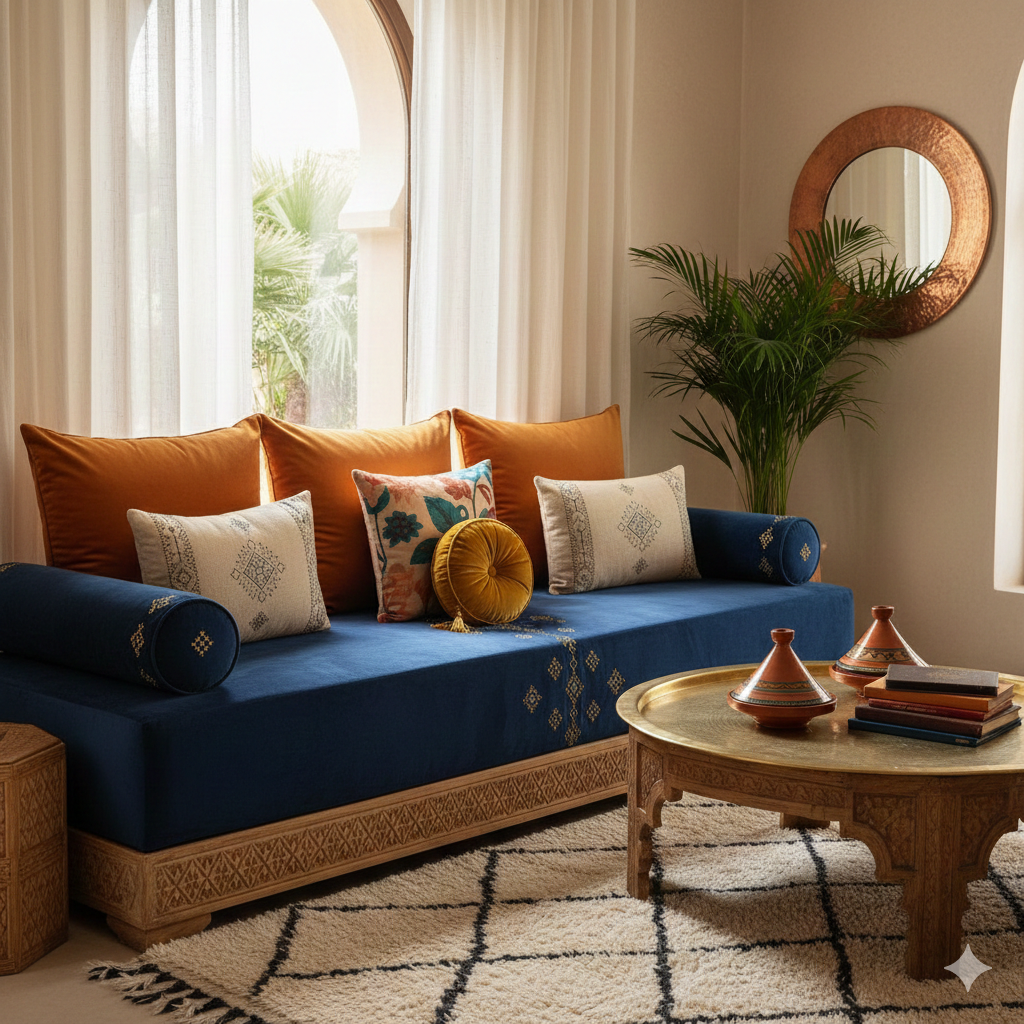 صالون مغربي عصري يبرز فن تنسيق ألوان المخدات البرتقالية والمطرزة مع طلامط باللون الأزرق الملكي، يوضح تناغم الألوان والديكور الداخلي الفخم.