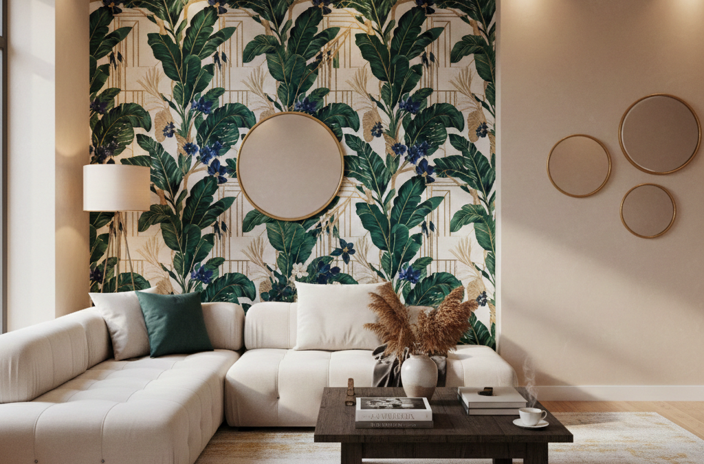 تصميم داخلي لغرفة معيشة عصرية يجمع بين جدار مزين بورق حائط بنقوش أوراق شجر خضراء وجدران جانبية مطلية بصباغة العنبرة الرخامية البيج مع أثاث مودرن وإضاءة دافئة.