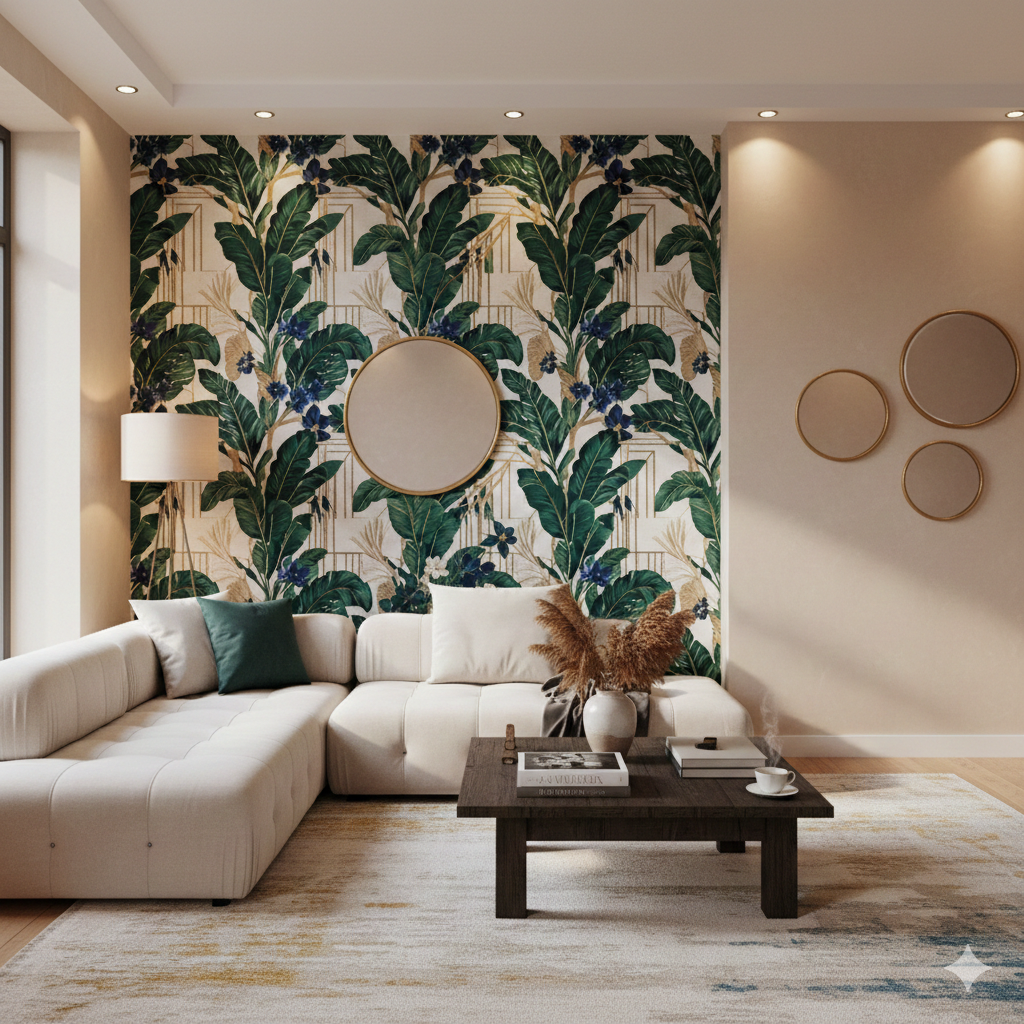 تصميم داخلي لغرفة معيشة عصرية يجمع بين جدار مزين بورق حائط بنقوش أوراق شجر خضراء وجدران جانبية مطلية بصباغة العنبرة الرخامية البيج مع أثاث مودرن وإضاءة دافئة.