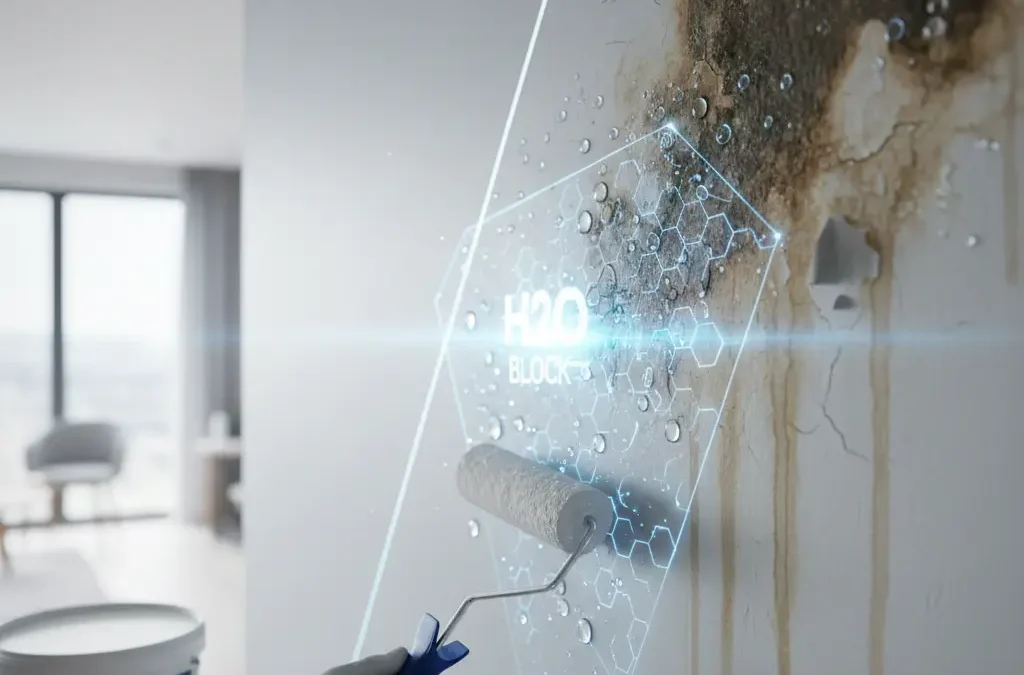 تطبيق صباغة متطورة مقاومة للرطوبة على جدار داخلي يعاني من التآكل والعفن مع تأثير بصري يوضح عزل المياه.