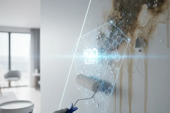 تطبيق صباغة متطورة مقاومة للرطوبة على جدار داخلي يعاني من التآكل والعفن مع تأثير بصري يوضح عزل المياه.