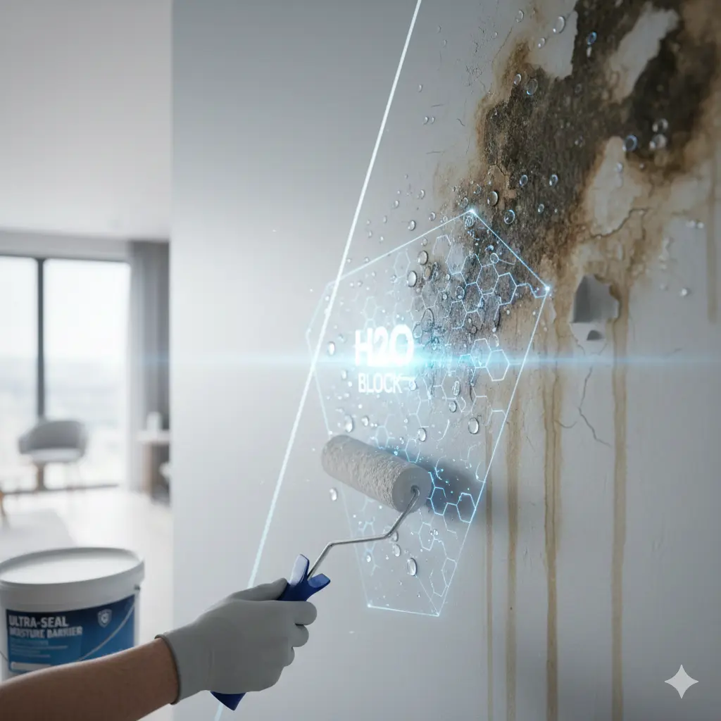 تطبيق صباغة متطورة مقاومة للرطوبة على جدار داخلي يعاني من التآكل والعفن مع تأثير بصري يوضح عزل المياه.