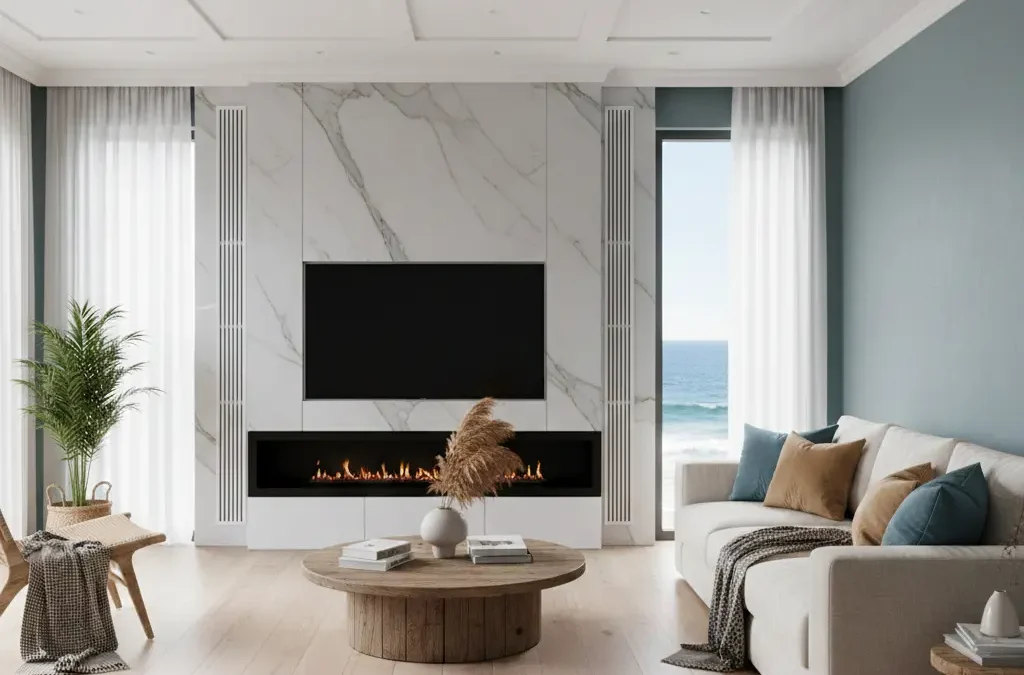 تصميم داخلي عصري لغرفة معيشة في مدينة ساحلية تستخدم بديل الرخام ودهانات مقاومة للرطوبة مع إطلالة على البحر