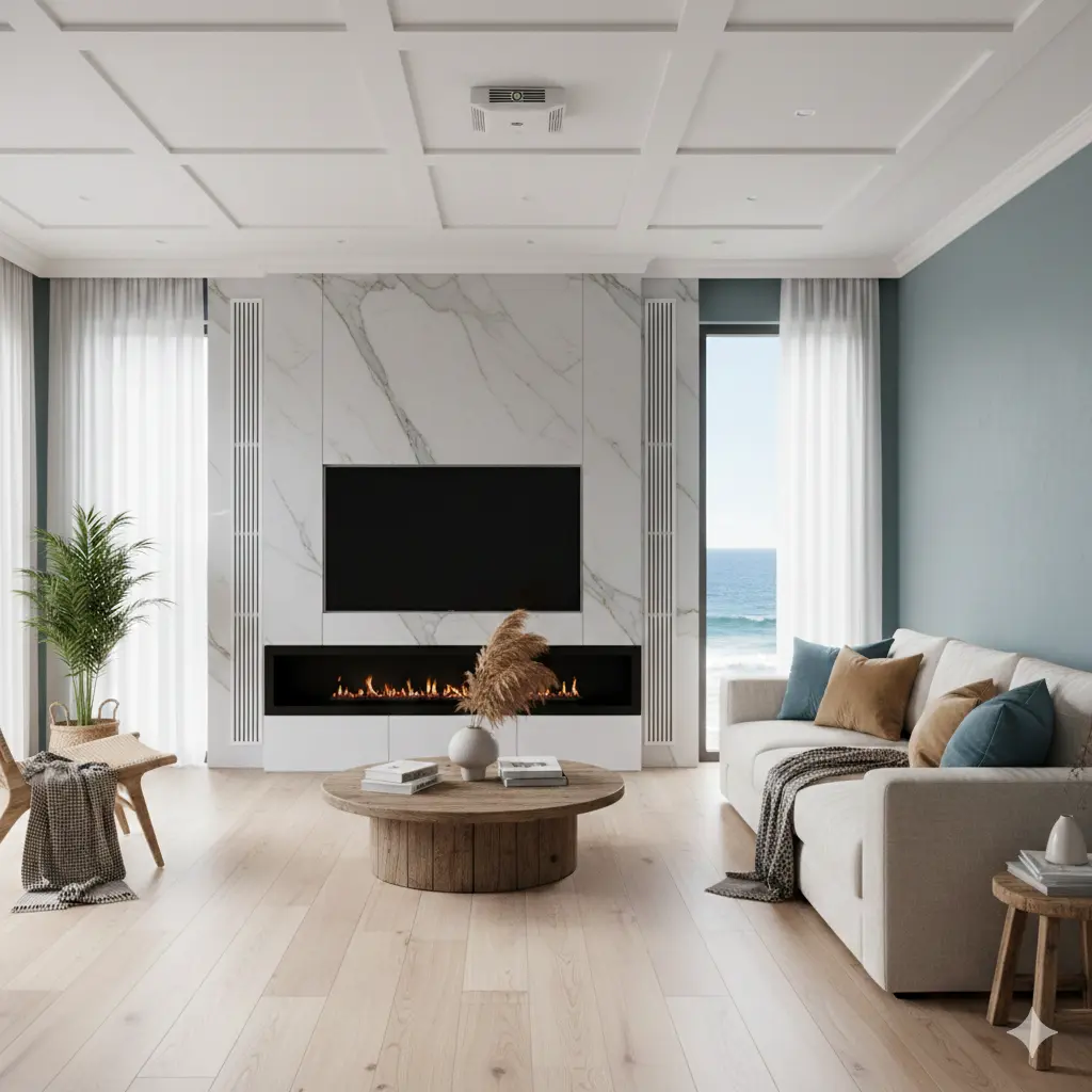 تصميم داخلي عصري لغرفة معيشة في مدينة ساحلية تستخدم بديل الرخام ودهانات مقاومة للرطوبة مع إطلالة على البحر