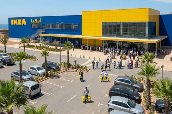 المبنى الخارجي لمتجر إيكيا (IKEA) في المغرب مع موقف السيارات واللوحة الإعلانية الزرقاء