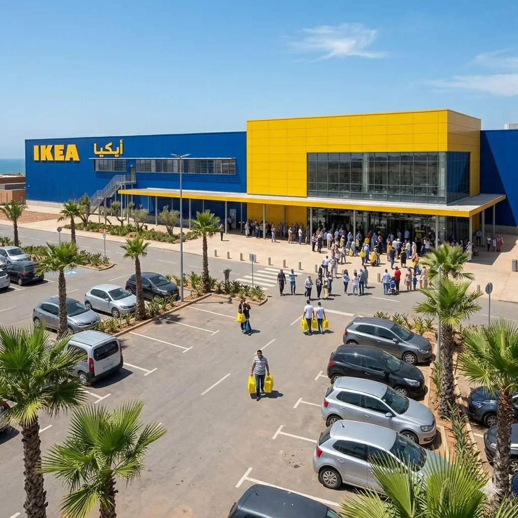 المبنى الخارجي لمتجر إيكيا (IKEA) في المغرب مع موقف السيارات واللوحة الإعلانية الزرقاء
