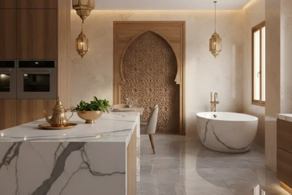 تصميم داخلي فاخر لحمام مغربي رومي مودرن يجمع بين الرخام الأبيض والإضاءة الدافئة المخفية مع حوض استحمام عصري ومغسلة نحاسية