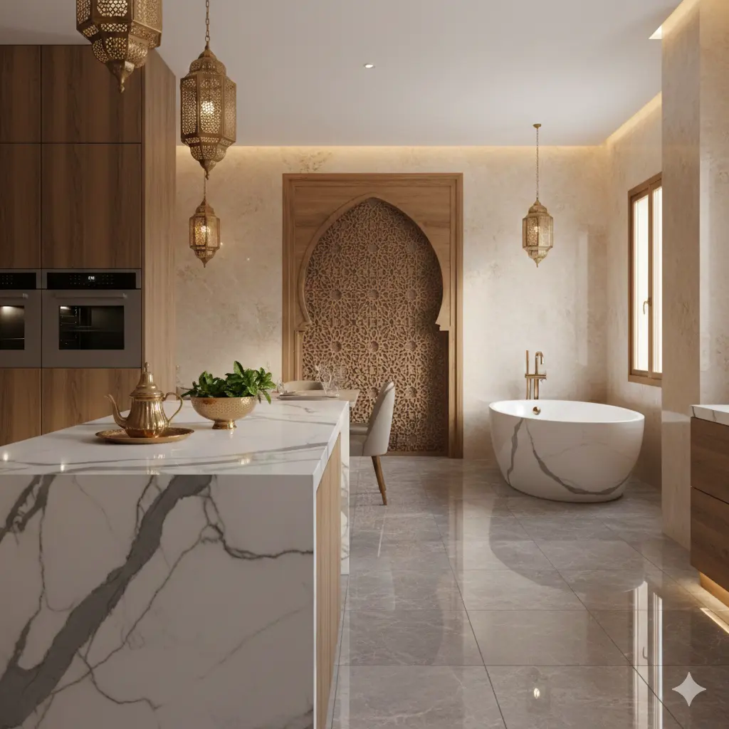 تصميم داخلي فاخر لحمام مغربي رومي مودرن يجمع بين الرخام الأبيض والإضاءة الدافئة المخفية مع حوض استحمام عصري ومغسلة نحاسية