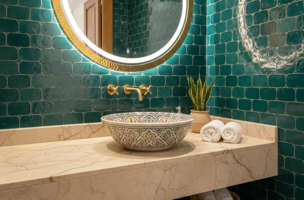 تصميم مغسلة حمام ضيوف من الرخام بتصميم مغربي راقي.