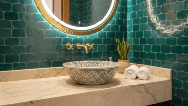 تصميم مغسلة حمام ضيوف من الرخام بتصميم مغربي راقي.