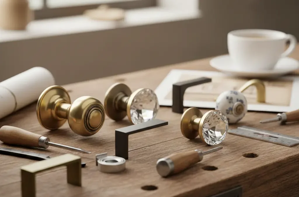 مقابض أبواب وخزائن ذهبية بتصاميم هندسية عصرية للديكور الداخلي.