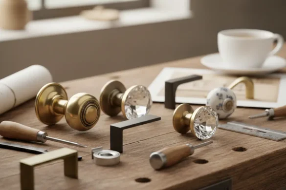 مقابض أبواب وخزائن ذهبية بتصاميم هندسية عصرية للديكور الداخلي.