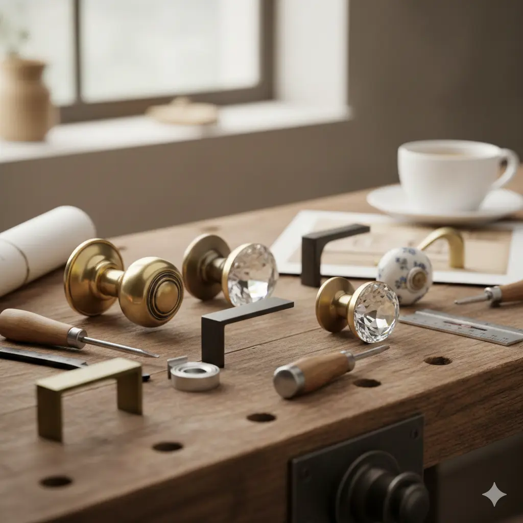 مقابض أبواب وخزائن ذهبية بتصاميم هندسية عصرية للديكور الداخلي.