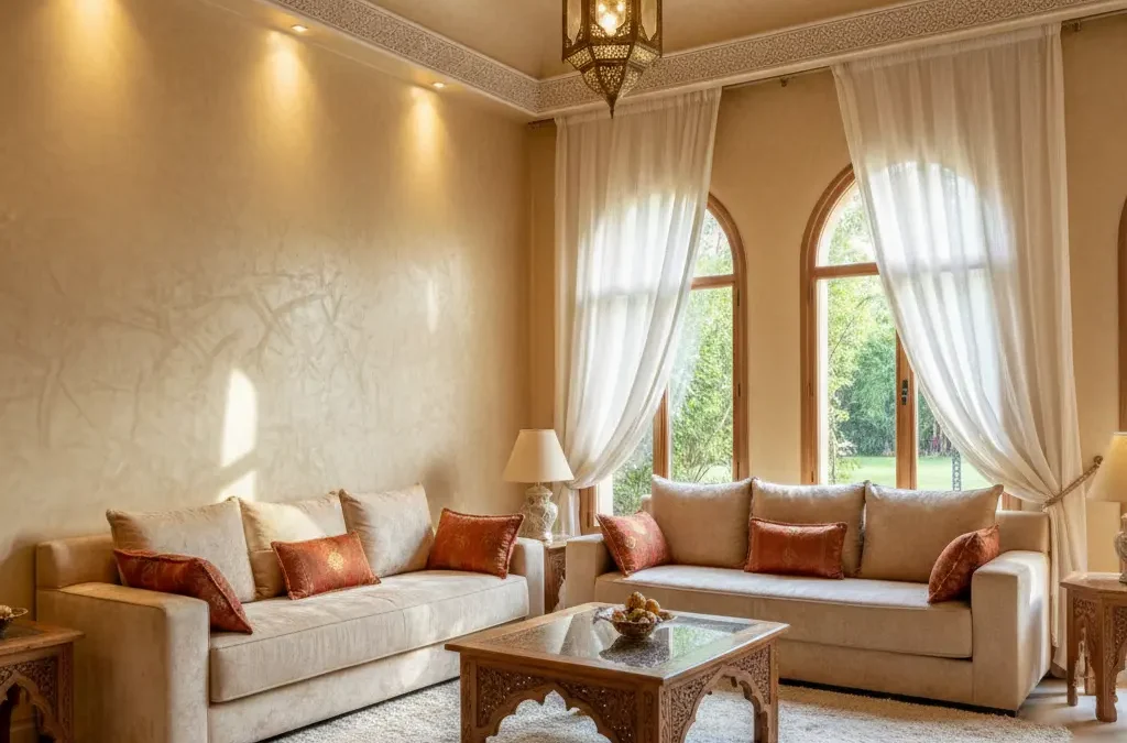 ديكور صباغة ياقوت في صالون مغربي فاخر مع إضاءة دافئة