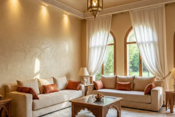 ديكور صباغة ياقوت في صالون مغربي فاخر مع إضاءة دافئة