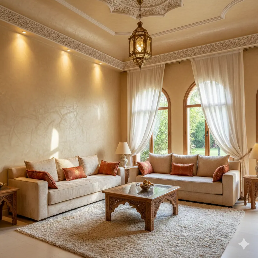 ديكور صباغة ياقوت في صالون مغربي فاخر مع إضاءة دافئة