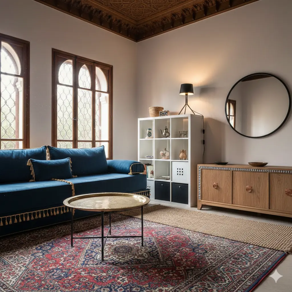 أفكار دمج أثاث إيكيا العصري مع ديكور الصالون المغربي التقليدي.