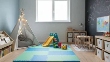 تصميم غرفة ألعاب أطفال منزلية آمنة ومبدعة بألوان مريحة.