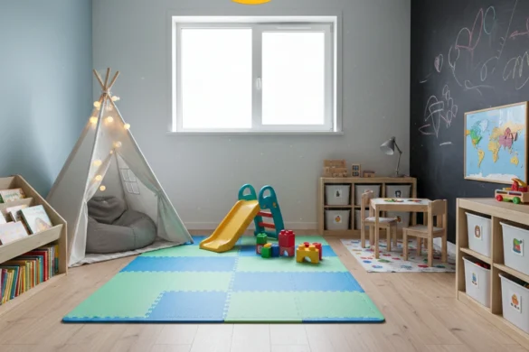 تصميم غرفة ألعاب أطفال منزلية آمنة ومبدعة بألوان مريحة.