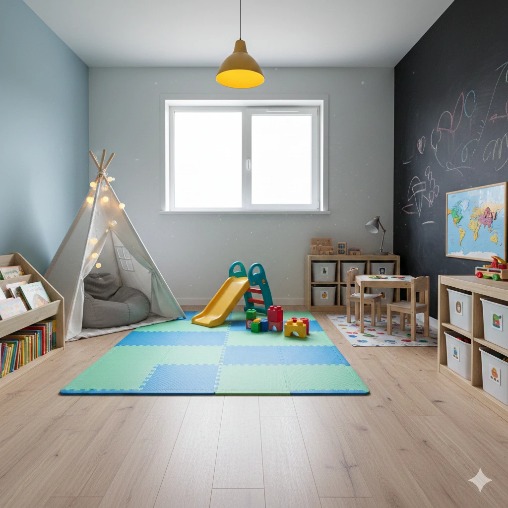 تصميم غرفة ألعاب أطفال منزلية آمنة ومبدعة بألوان مريحة.