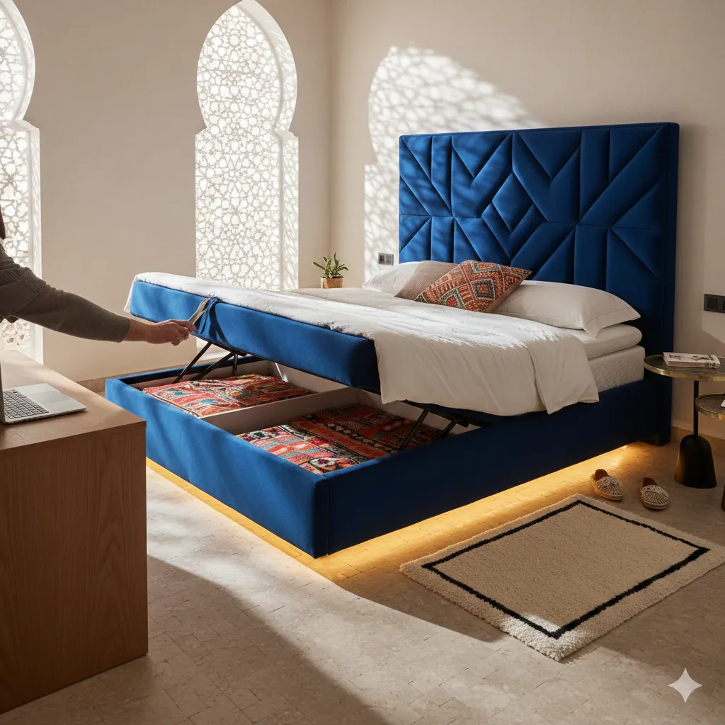 سرير "لي كوفري" (Lit coffre) عصري مع تخزين ذكي وتصميم "كابيتوني" في المغرب.