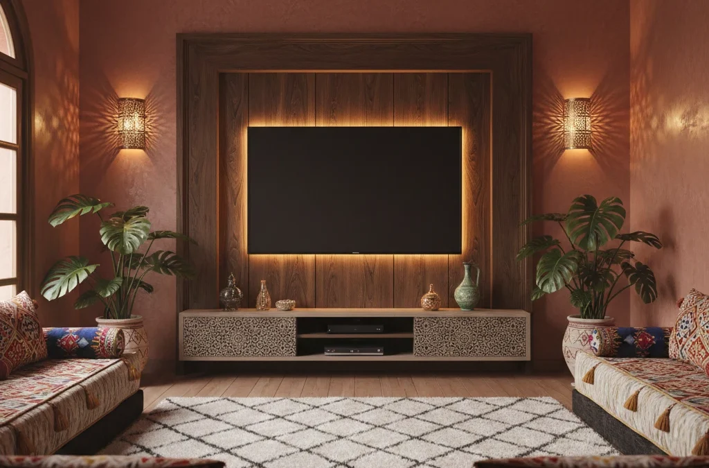 تصميم حائط تلفاز فاخر في صالون مغربي بديكورات خشبية وإضاءة خفية