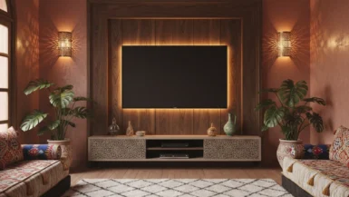 تصميم حائط تلفاز فاخر في صالون مغربي بديكورات خشبية وإضاءة خفية