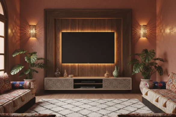 تصميم حائط تلفاز فاخر في صالون مغربي بديكورات خشبية وإضاءة خفية