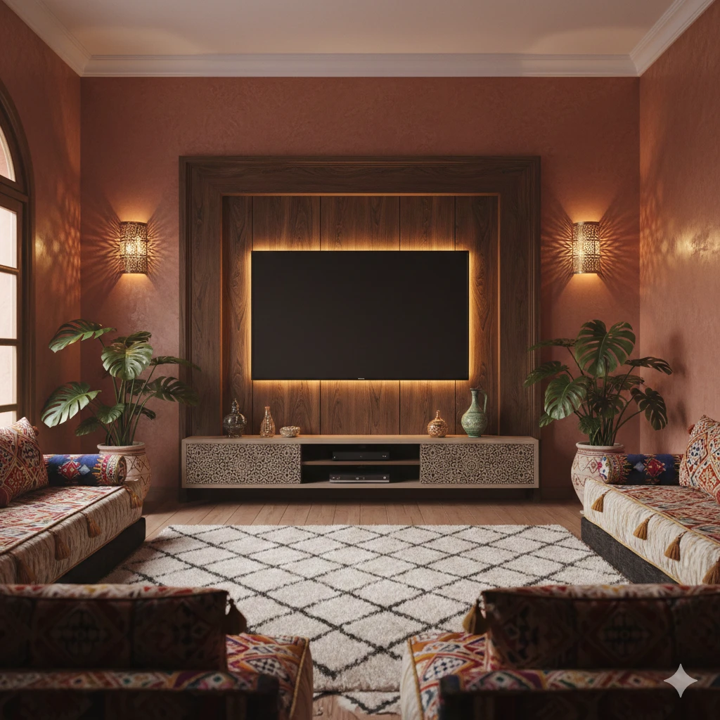 تصميم حائط تلفاز فاخر في صالون مغربي بديكورات خشبية وإضاءة خفية