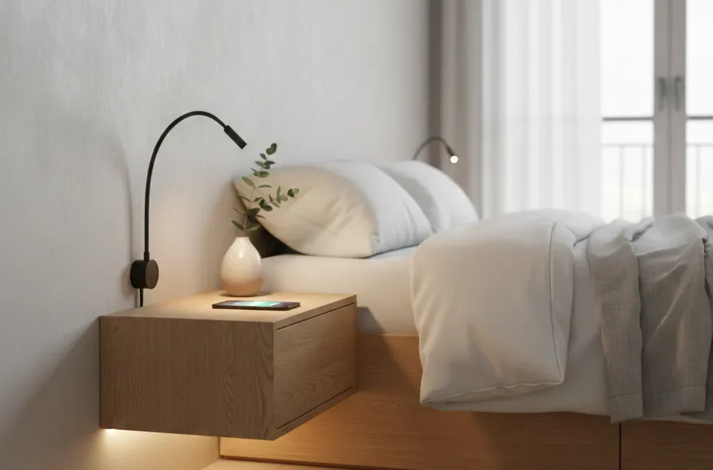 تصميم "كومودينو" معلق (Floating nightstand) في غرفة نوم عصرية بإضاءة مخفية.