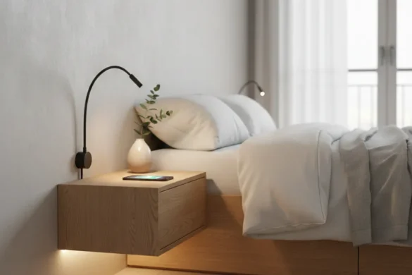 تصميم "كومودينو" معلق (Floating nightstand) في غرفة نوم عصرية بإضاءة مخفية.