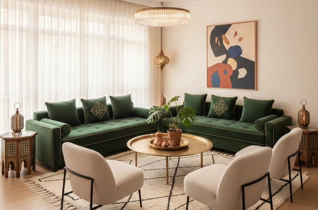 تصميم داخلي يجمع بين صالون مغربي عصري باللون الأخضر الملكي وكراسي أوروبية بيضاء بسيطة مع سجاد أمازيغي بني ورين وطاولة نحاسية.