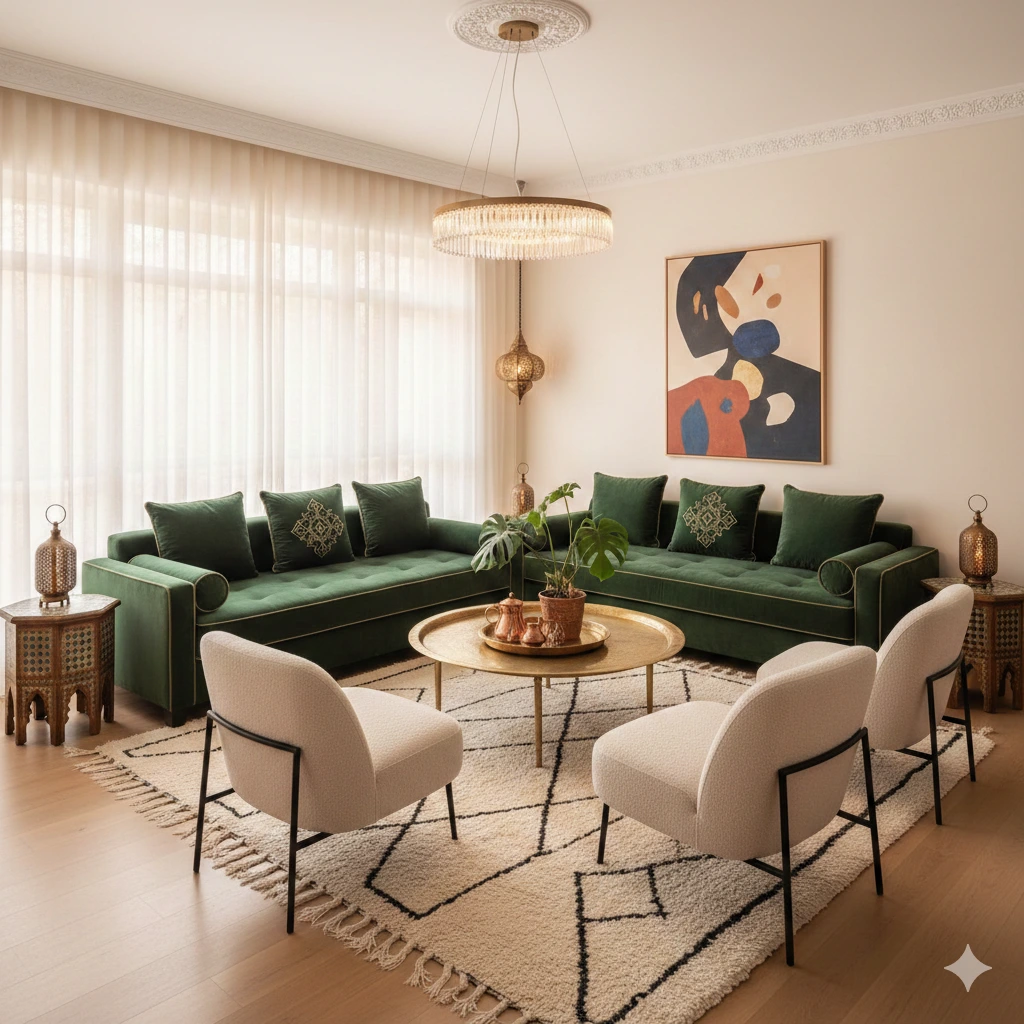 تصميم داخلي يجمع بين صالون مغربي عصري باللون الأخضر الملكي وكراسي أوروبية بيضاء بسيطة مع سجاد أمازيغي بني ورين وطاولة نحاسية.