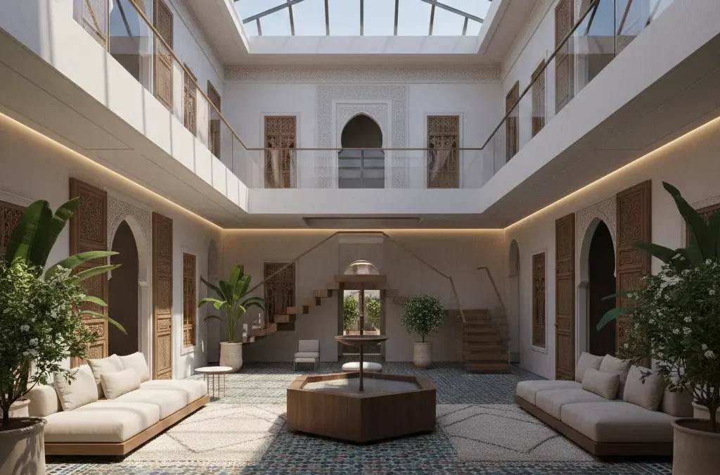 تصميم داخلي لعملية تجديد رياض مغربي بأسلوب مودرن وعصري.