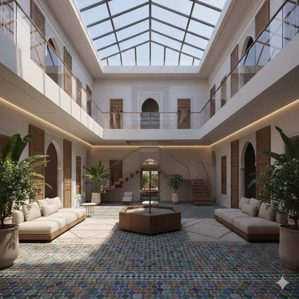 تصميم داخلي لعملية تجديد رياض مغربي بأسلوب مودرن وعصري.