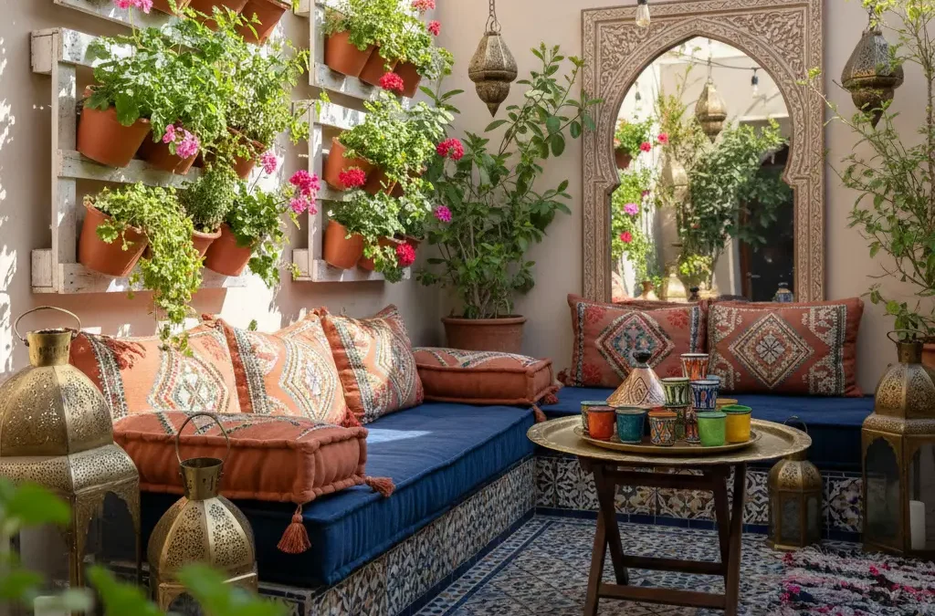 أفكار ديكور بلكونة مغربية مع حديقة صغيرة وجلسة مريحة.