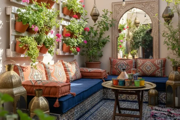 أفكار ديكور بلكونة مغربية مع حديقة صغيرة وجلسة مريحة.