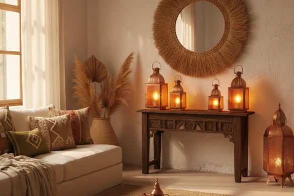 ديكور داخلي بنمط بوهيمي مغربي يجمع بين الفوانيس النحاسية والرافيا.