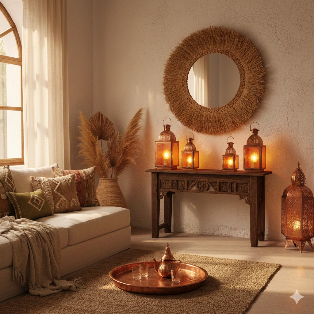 ديكور داخلي بنمط بوهيمي مغربي يجمع بين الفوانيس النحاسية والرافيا.