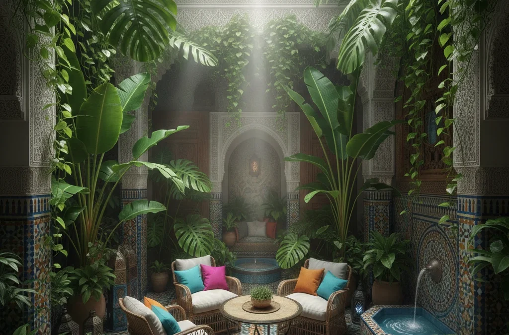 تصميم حديقة منزلية داخلية استوائية ومنور (ضواية) في منزل مغربي